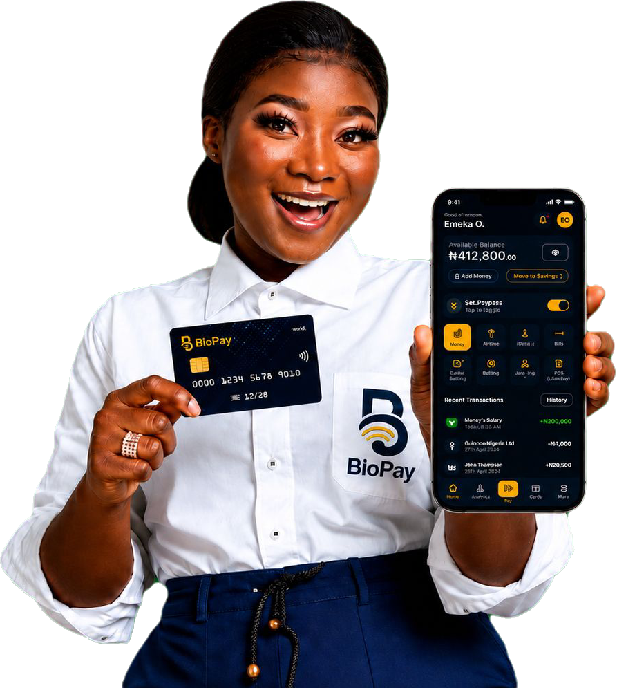 BioPay user holding BioPay card and smartphone